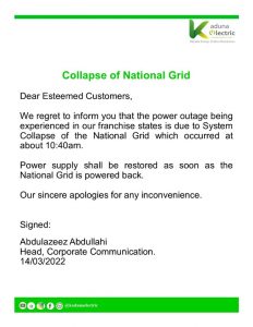Again, national grid collapses; Lagos, Abuja, Enugu, others in total blackout