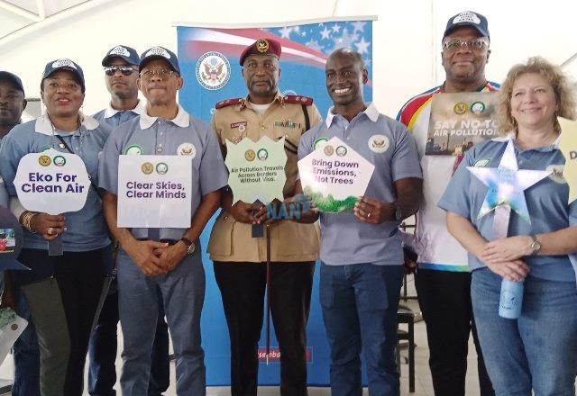 General Manager, Lagos State Environmental Protection Agency (LASEPA), Dr Dolapo Fasawe, Lagos State Commissioner for Health, Prof. Akin Abayomi, Sector Commander, Federal Road Safety Corps (FRSC), Lagos Sector Command, Olusegun Ogungbemide, Political Economic Counselor, U.S Consulate, Brandon Hudspeth, Permanent Secretary, Ministry of Environment & Water Resources, Dr Tajudeen Gaji and Political Officer (U.S Consulate General), Janine Lewis, during the Eko For Clean Air Advocacy Walk/Interactive Session on Friday, May 20, 2022