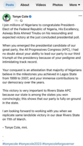 Rivers APC guber candidate, Cole deletes congratulatory Facebook post to Tinubu