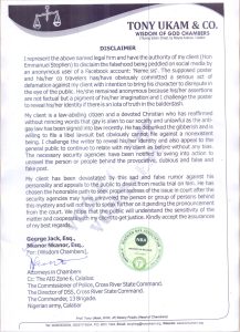 HON EMMANUEL STEPHEN RAISES ALARM WITH A DISCLAIMER NOTICE OVER FAKE NEWS SCANDAL