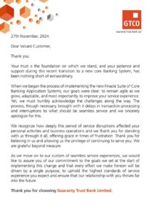GTCO Thanks Customers for Patience: Committed to Enhanced Service with New Banking System