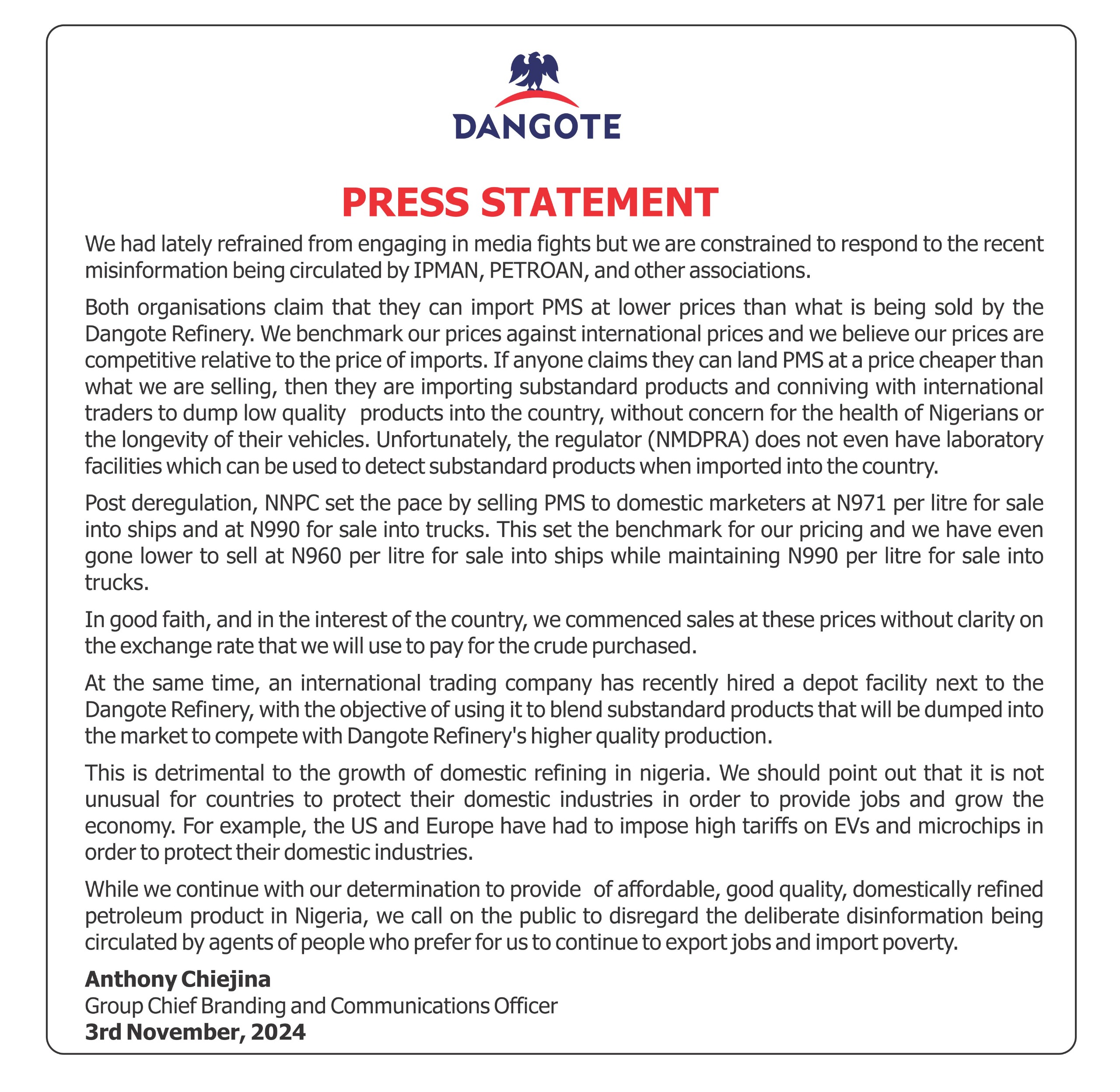 OUR PMS IS CHEAPER THAN IMPORTED ONES SAYS DANGOTE