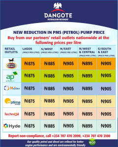 Dangote Refinery Reduces PMS Price Again by N15; now N875/litre