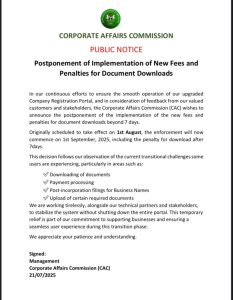 CAC postpones implementation of fresh service fees to new date