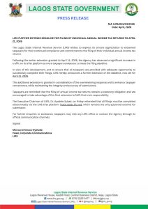 JUST IN: LIRS FURTHER EXTENDS DEADLINE FOR FILING OF INDIVIDUAL ANNUAL INCOME TAX RETURNS