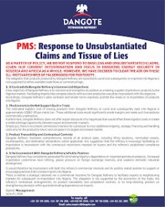 Dangote Refinery Refutes False Claims on PMS Export and Re-importation