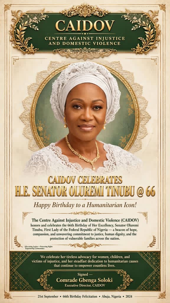 CAIDOV CELEBRATES FIRST LADY, SENATOR OLUREMI TINUBU @ 66