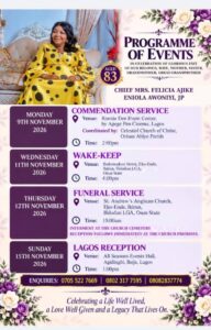 Chief Mrs Felicia Ajike Awoniyi, JP: Family Announces Funeral Arrangements for 83-Year-Old Matriarch